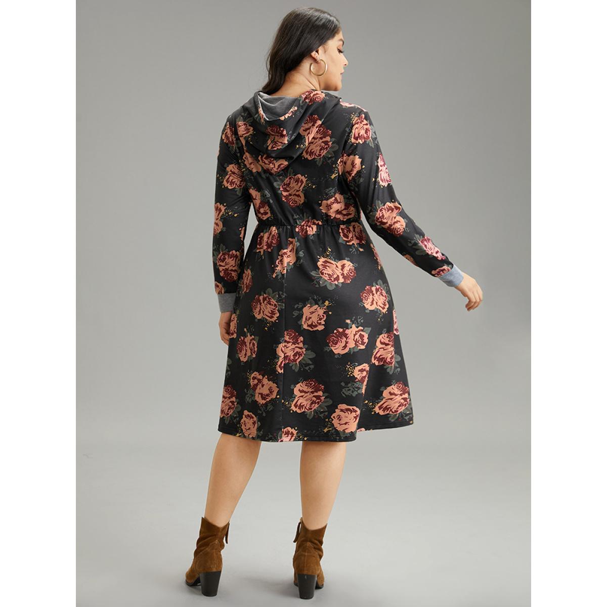 Plus Size Floral Elastic Waist Hooded Drawstring Pocket Dress Black Women Casual Printed Hooded Long Sleeve Curvy Midi Dress BloomChic 30/6X Product Image