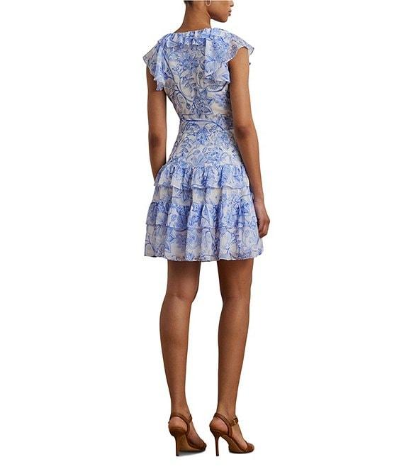 Lauren Ralph Lauren Kugonza Georgette V-Neck Short Flutter Sleve Ruffle Trim Floral Printed Fit and Flare Dress Product Image