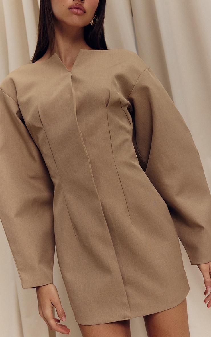 Camel Cocoon Sleeve Cinched Waist Blazer Dress Product Image