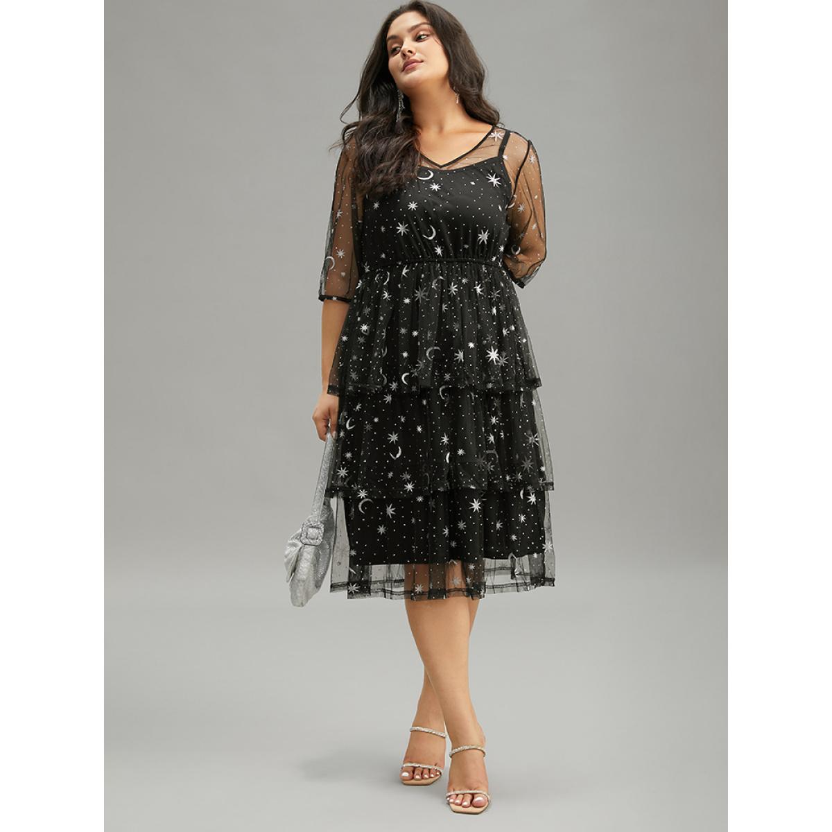 Plus Size Crochet Lace Mesh Moon & Star Dress Black Women Cocktail See through V-neck Elbow-length sleeve Curvy Midi Dress BloomChic 30/6X Product Image