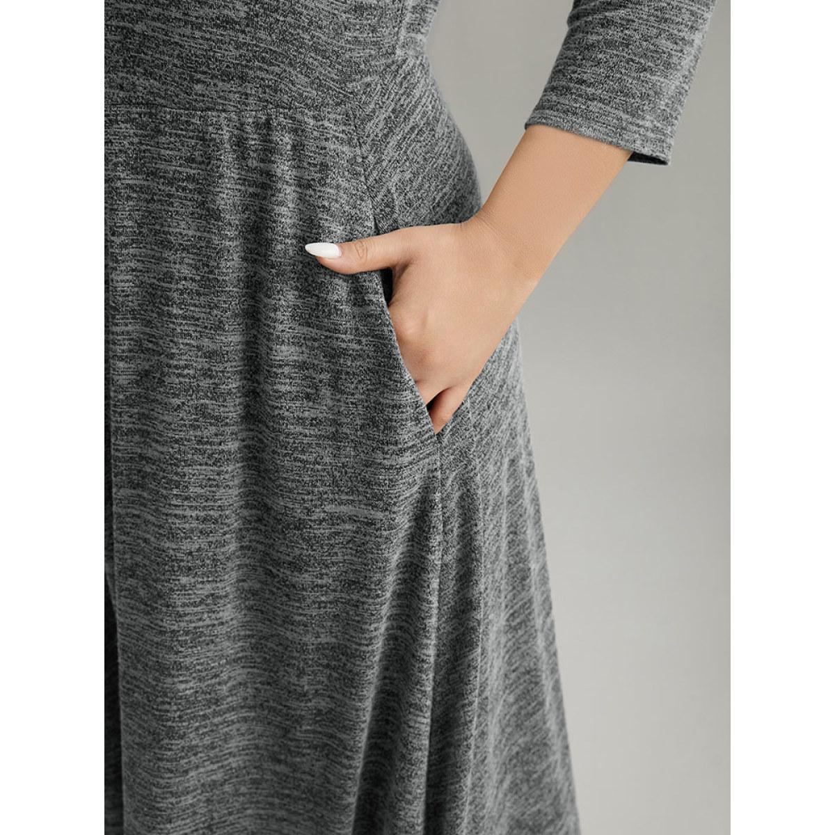 Plus Size Solid Heather Button Detail Pocket Gathered Dress Black Women Work From Home Plain Round Neck Elbow-length sleeve Curvy Midi Dress BloomChic 12/L Product Image