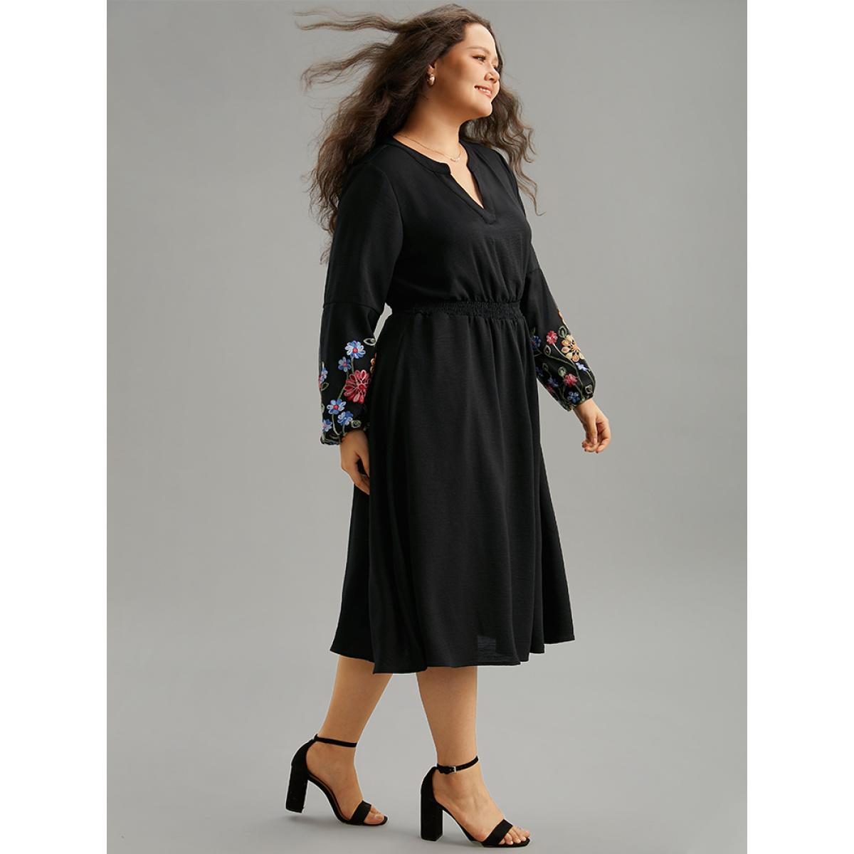 Plus Size Floral Embroidered Notched Midi Dress Black Women Elegant Elastic cuffs Notched collar Long Sleeve Curvy Midi Dress BloomChic 28/5X Product Image