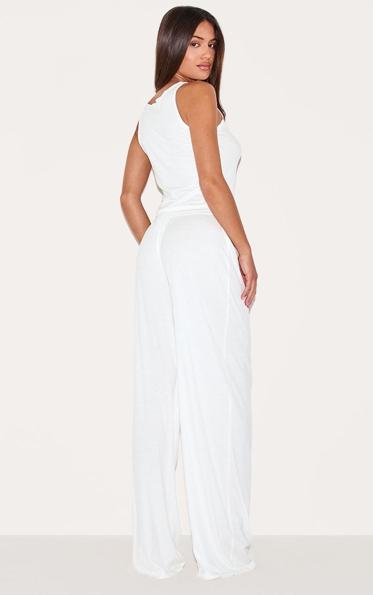 White Ribbed Button Vest Long Pj Set Product Image