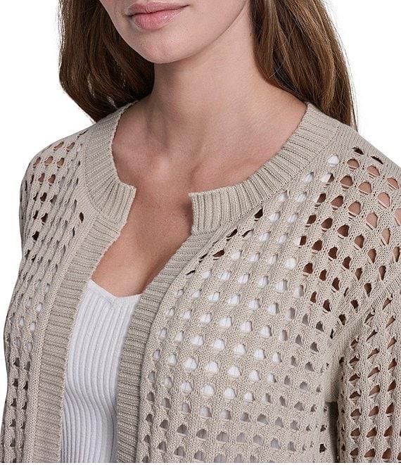 DKNY Jeans by Donna Karan Open Stitch Cotton Crew Neck 3/4 Sleeve Open Front Cardigan Product Image