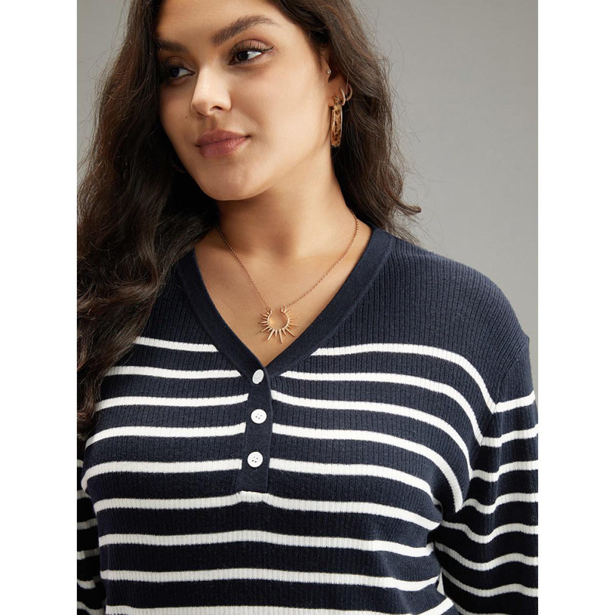 Plus Size Supersoft Essentials Striped Button Through Pullover Midnight Women Casual Loose Long Sleeve V-neck Dailywear Pullovers BloomChic 22-24/3X Product Image