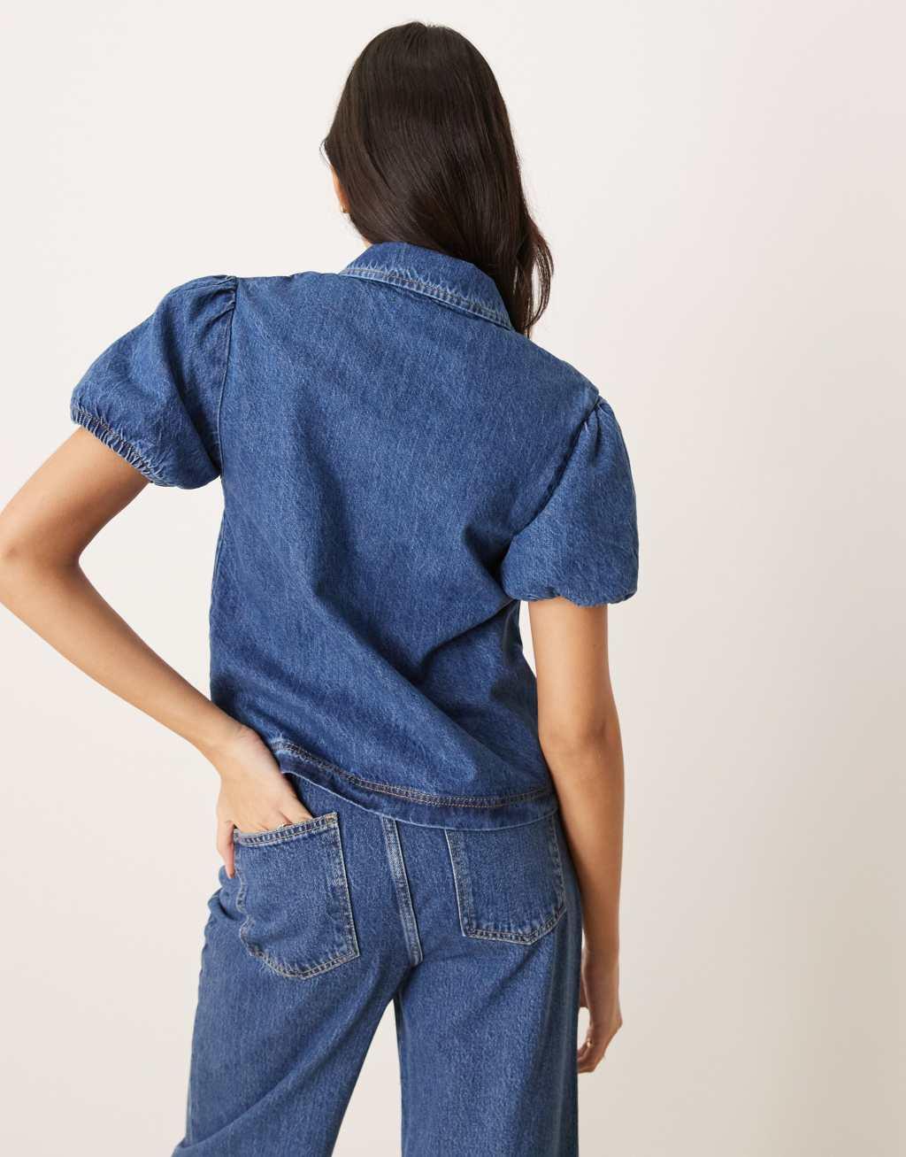 ASOS DESIGN collared shirt with puff sleeves in mid blue Product Image