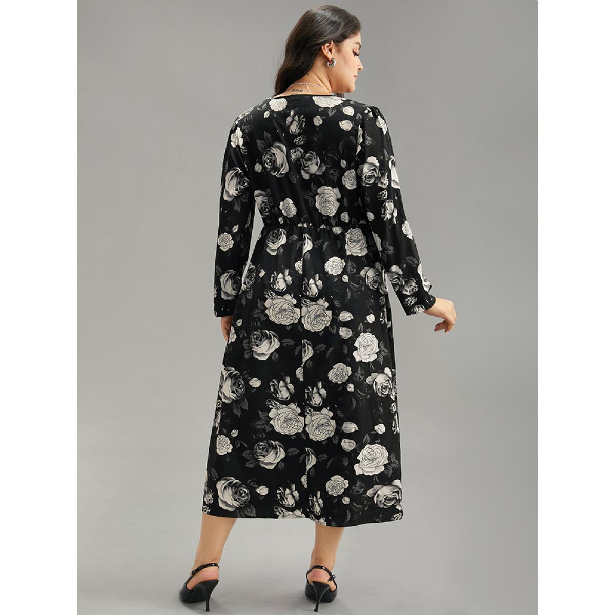 Plus Size Floral Print Pocket Elastic Waist Wrap Dress Black Women At the Office Wrap Overlap Collar Long Sleeve Curvy Midi Dress BloomChic 12/L Product Image