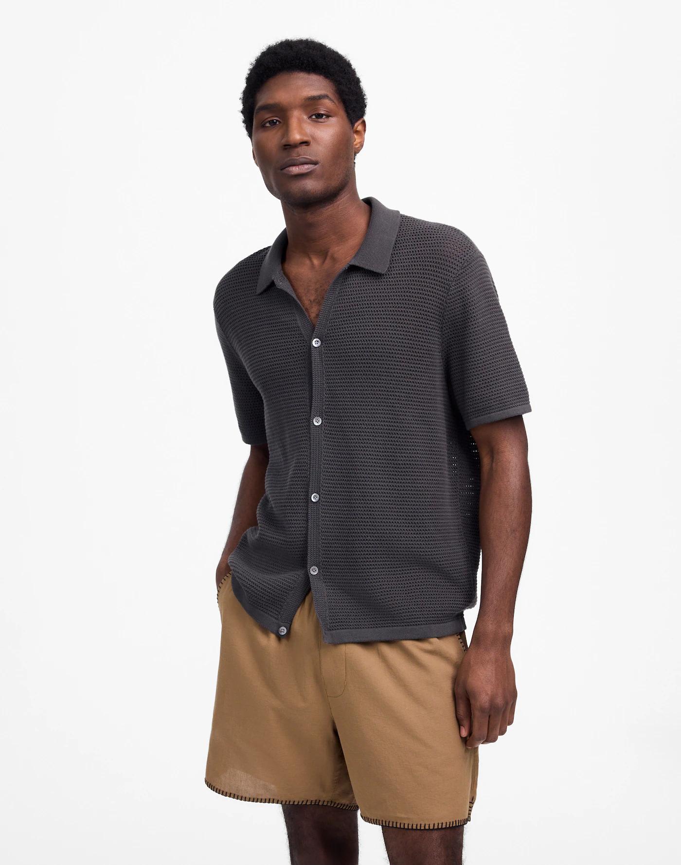 Open-Stitch Button-Up Sweater Polo Product Image