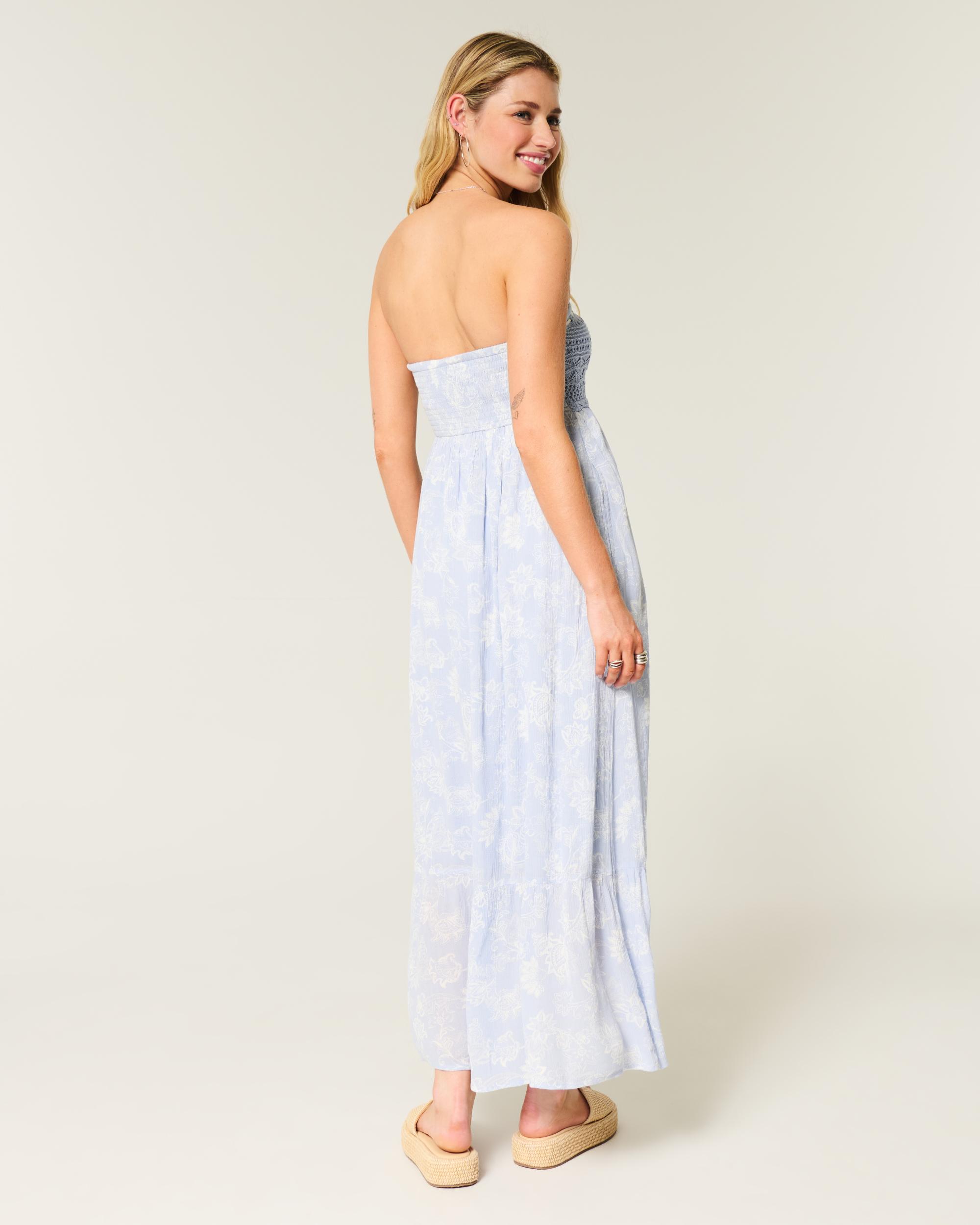 Strapless Crochet-Style Mix Maxi Dress Product Image