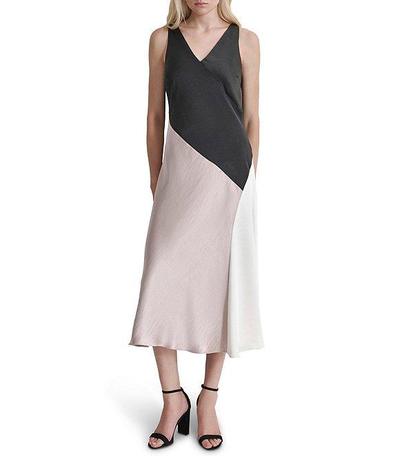 DKNY by Donna Karan Woven Color Block V-Neck Sleeveless Chemise Midi Dress Product Image