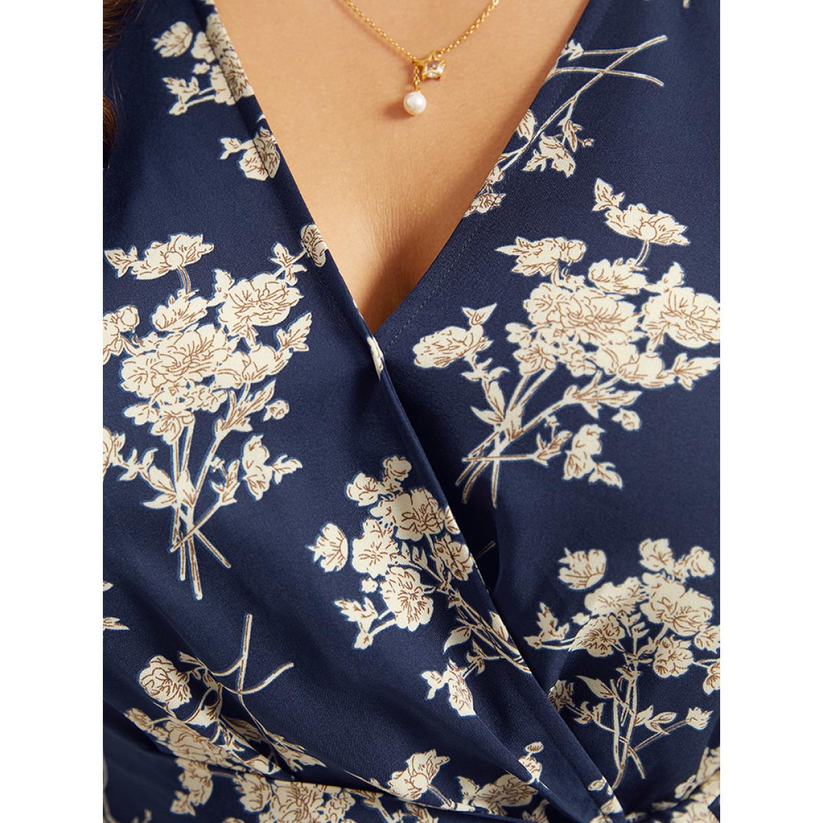Plus Size DarkBlue Floral Print Bell Sleeve Pocket Belted Jumpsuit Women Elegant Elbow-length sleeve V-neck Dailywear Loose Jumpsuits BloomChic 30/6X Product Image
