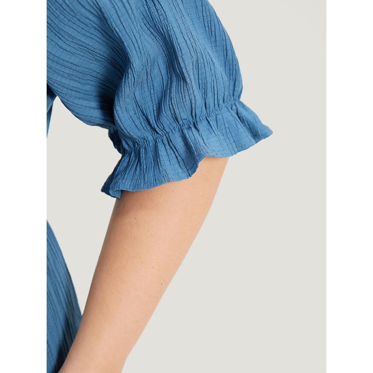 Plus Size Solid Textured Pocket Overlap Collar Flutter Trim Dress Stone Women Elegant Texture V-neck Half Sleeve Curvy Midi Dress BloomChic 12/L Product Image