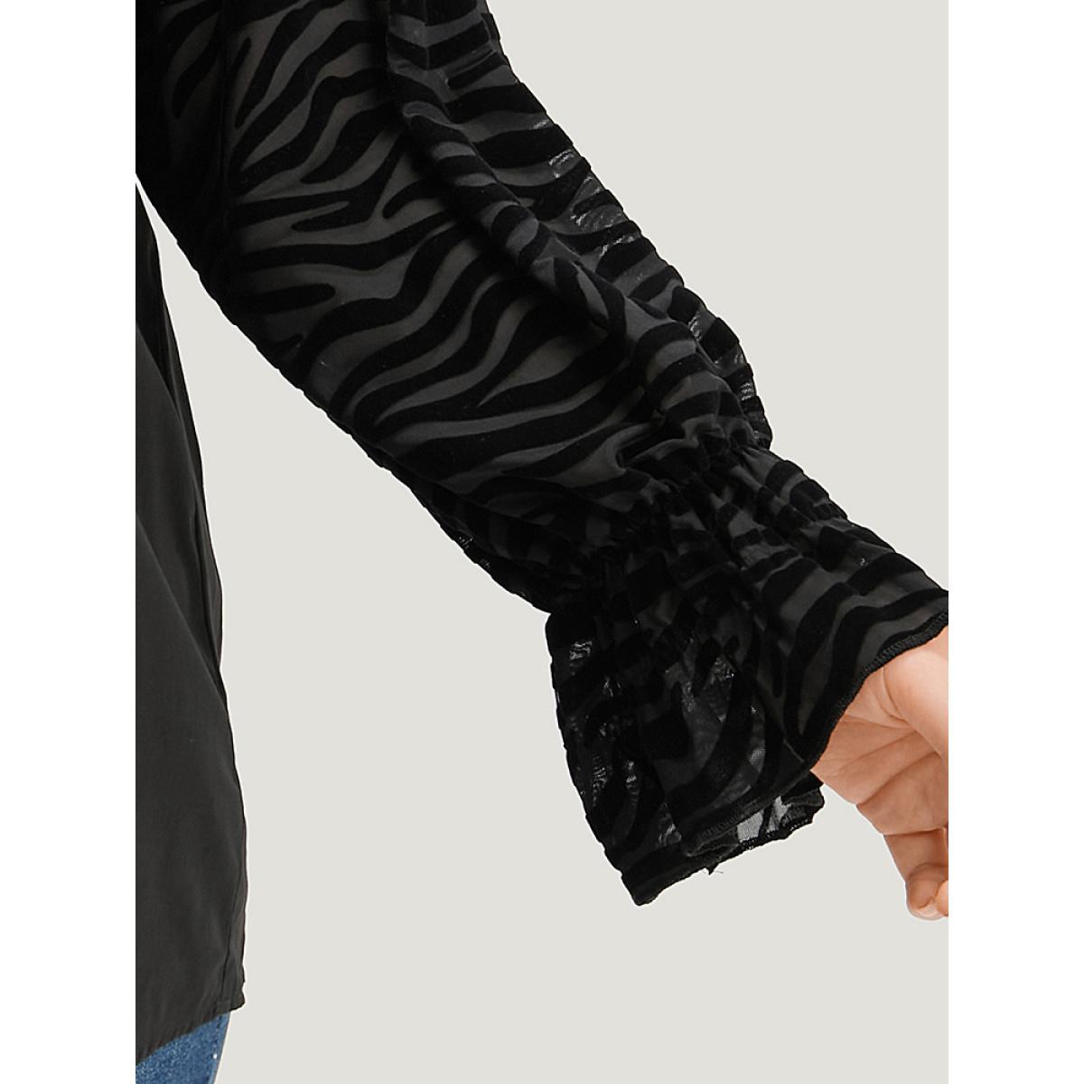 Plus Size Black Halloween Zebra Print Tie Neck Frill Trim Patchwork Blouse Women Elegant Long Sleeve Tie Neck Dailywear Blouses BloomChic 26/4X Product Image