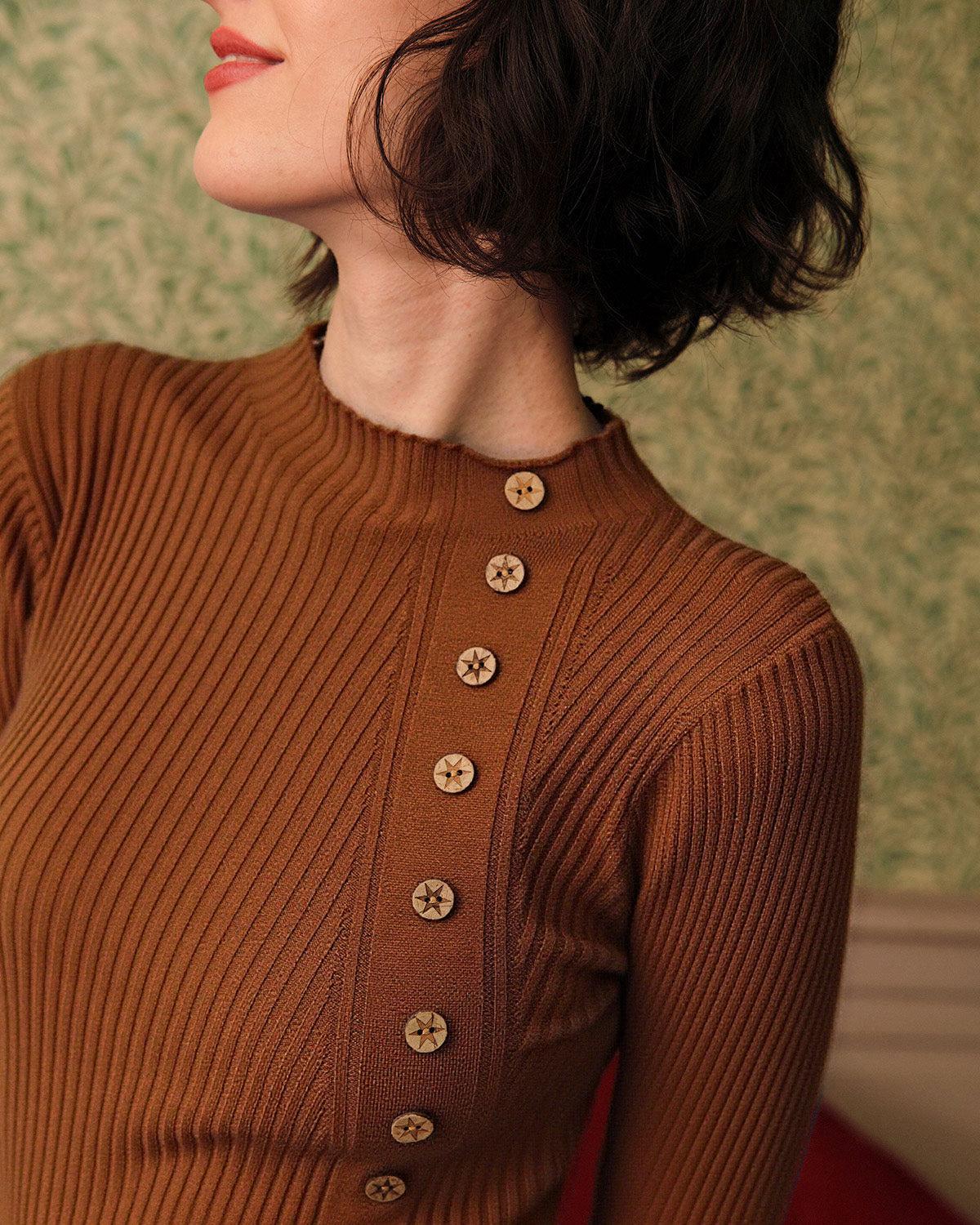 Caramel Mock Neck Ribbed Knit Tee Product Image