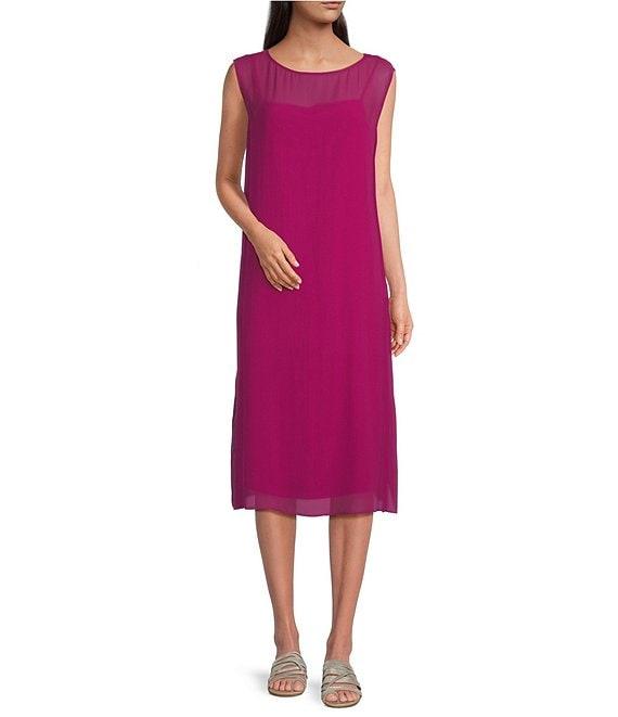 Eileen Fisher Sheer Silk Georgette Boat Neck Sleeveless Midi Dress Product Image