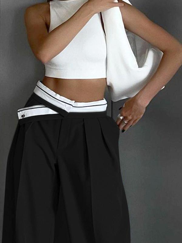 Urban High Waisted Wide Leg Striped Pleated Solid Color Pants Product Image