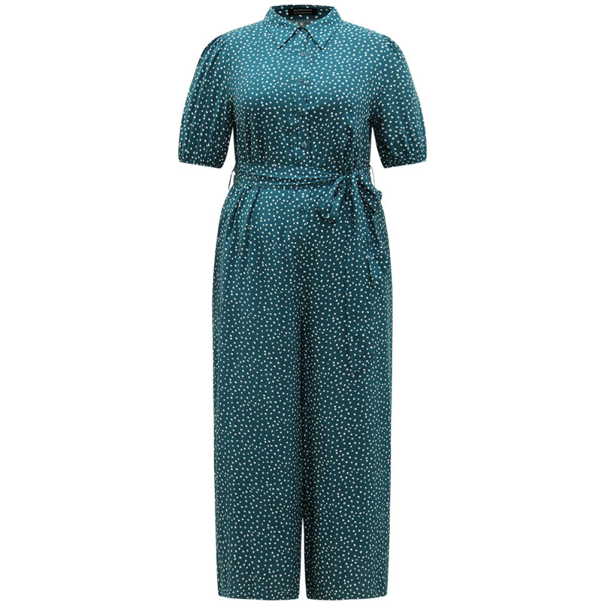 Plus Size Emerald Polka Dot Belted Puff Sleeve Shirt Collar Jumpsuit Women Office Short sleeve Shirt collar Work Loose Jumpsuits BloomChic 26/4X Product Image
