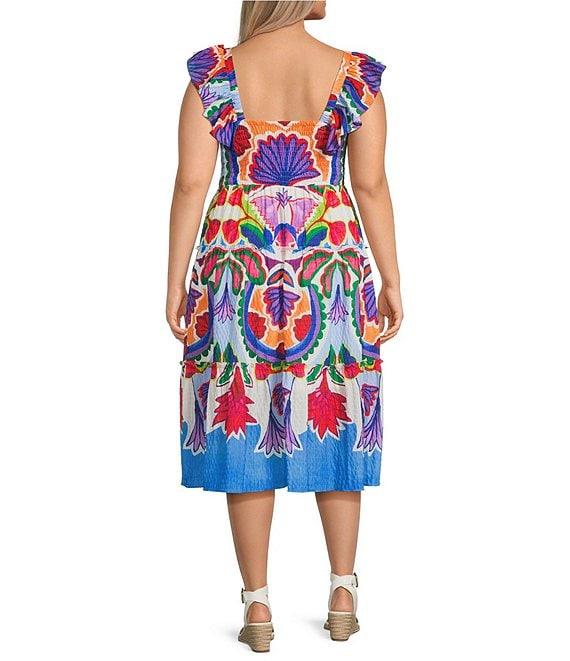 Vince Camuto Plus Size Smocked Square Neck Sleeveless Printed Fit And Flare Midi Dress Product Image