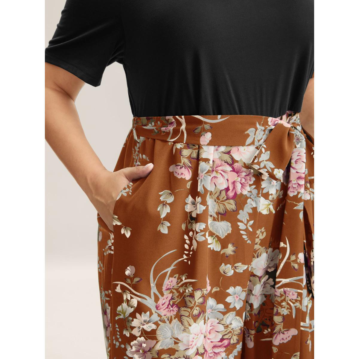 Plus Size Rust Color Contrast Belted Panel Pockets Jumpsuit Women Timeless Short sleeve Square Neck Elegant Loose Jumpsuits BloomChic 10/M Product Image