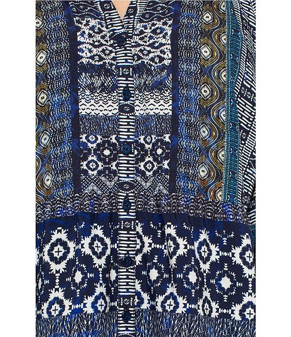 Liverpool Los Angeles Petite Size Woven Printed Split V-Neck 3/4 Sleeve Button-Front Blouse Product Image