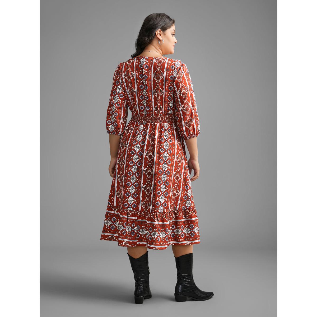 Plus Size Boho Print Shirred Tie Knot Midi Dress Russet Women Resort Tie knot V-neck Elbow-length sleeve Curvy BloomChic 30/6X Product Image