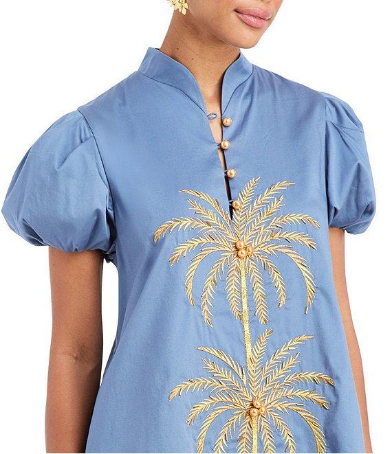 Mestiza New York Elliana Poplin Palm Tree Embroidery Mandarian Collar Short Puff Sleeve Dress Product Image