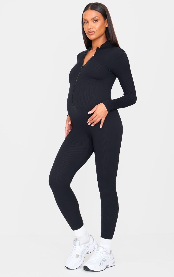 Maternity Black Snatched Ribbed Jumpsuit Product Image