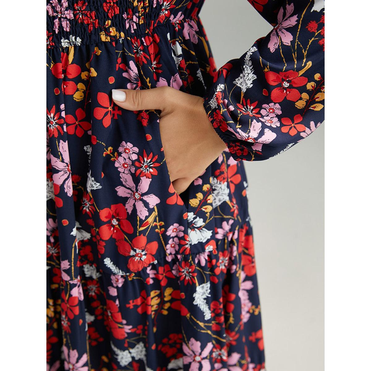 Plus Size Floral Print Keyhole Shirred Dress DarkBlue Women Elegant Elastic cuffs Mock Neck Long Sleeve Curvy Midi Dress BloomChic 14-16/1X Product Image