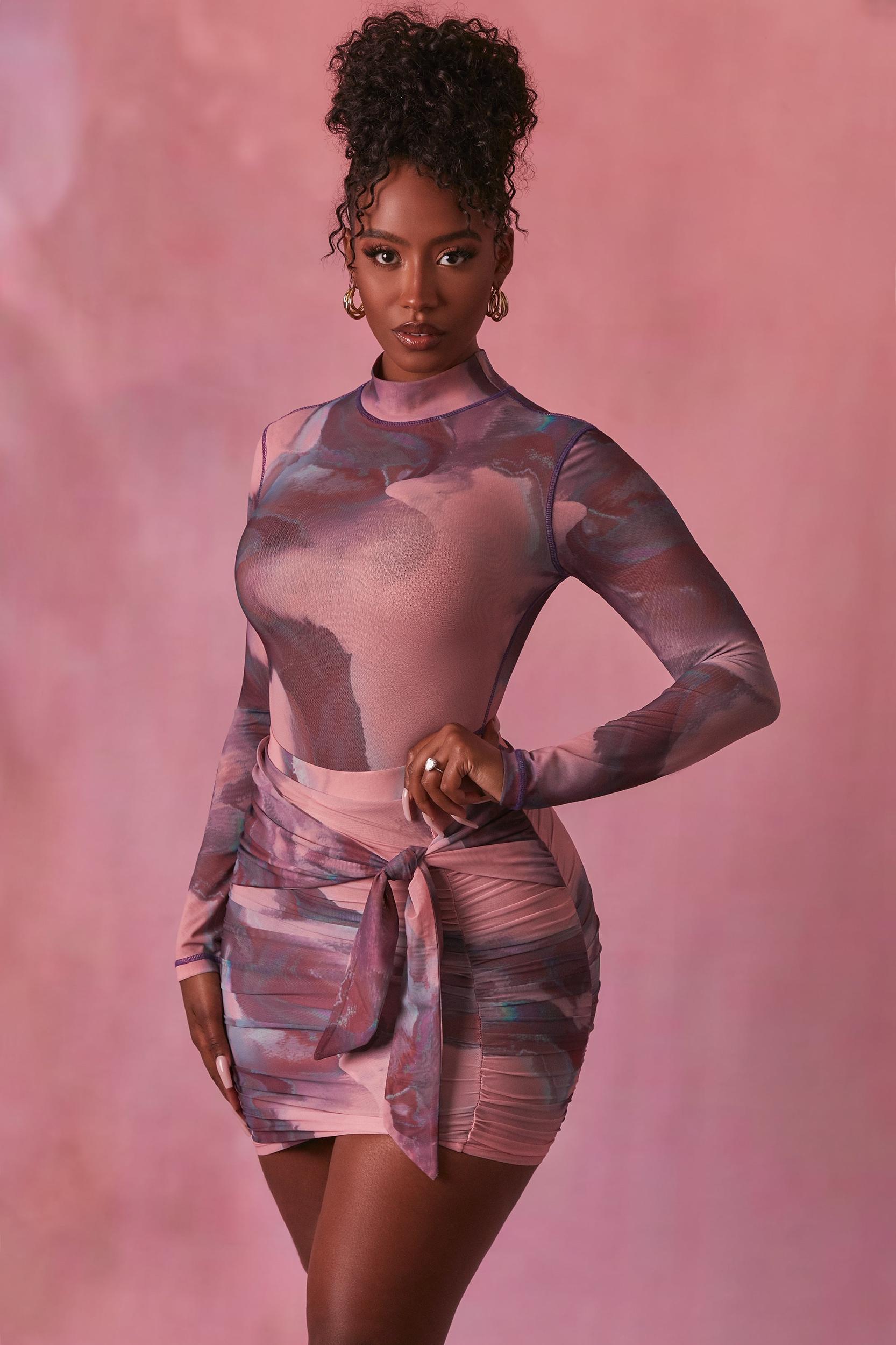 High Neck Long Sleeve Mesh Bodysuit in Blush Product Image