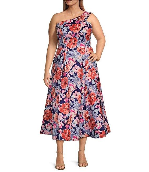 Marina Plus Size One Shoulder Floral Stretch Taffeta Dress Product Image
