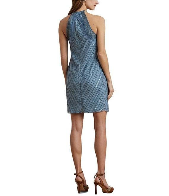 Lauren Ralph Lauren Beaded Mesh Chevron Halter Neck Sleeveless Sheath Dress Product Image