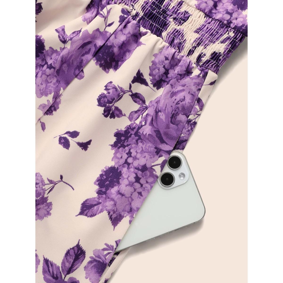 Plus Size Floral Print Split Side Shirred Dress BlueViolet Women Elegant Shirred V-neck Short sleeve Curvy BloomChic 18-20/2X Product Image