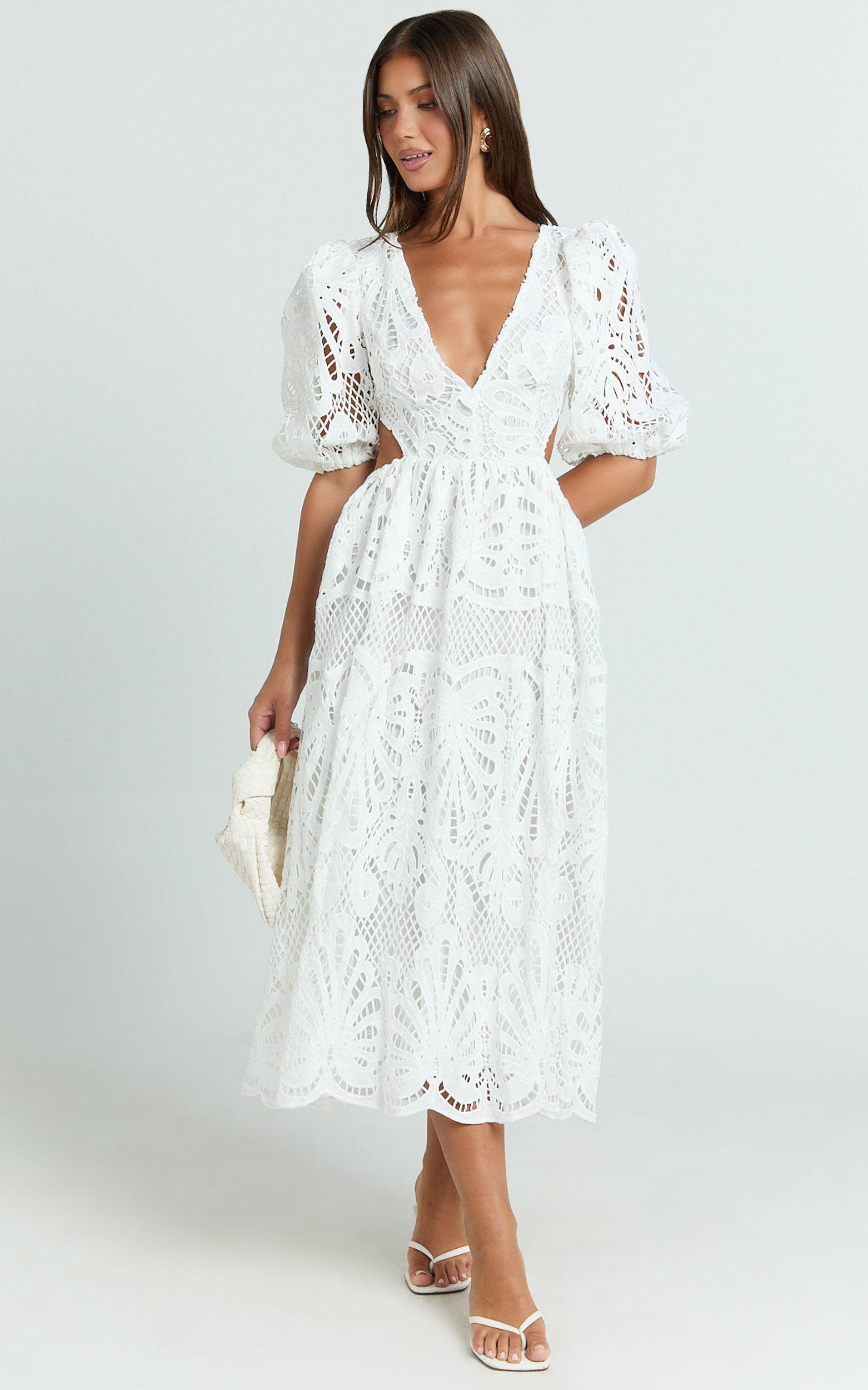 Anieshaya Midi Dress - V Neck Cut Out Lace Dress in White Product Image