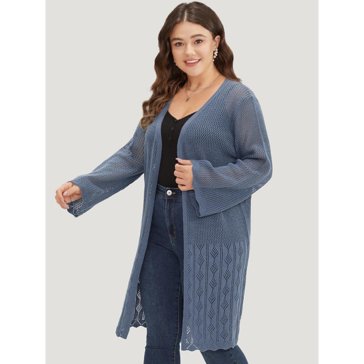 Plus Size Solid Geometric Eyelet Open Front Cardigan Aegean Women Casual Loose Long Sleeve Dailywear Cardigans BloomChic 12/L Product Image