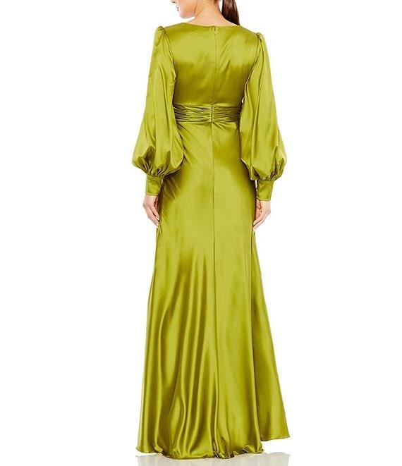 Mac Duggal Charmeuse V-Neck Long Bishop Sleeve Gown Product Image
