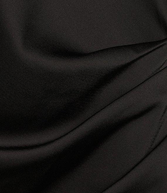 Gianni Bini Peyton Ruched Satin Cowl Halter Neck Sleeveless Open Back Detail Asymmetrical Hem Mini Sheath Dress Product Image