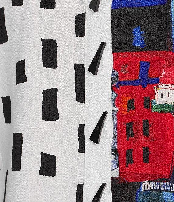 Ali Miles Petite Size Woven City Windowpane Print Point Collar 3/4 Sleeve Button Front Tunic Product Image