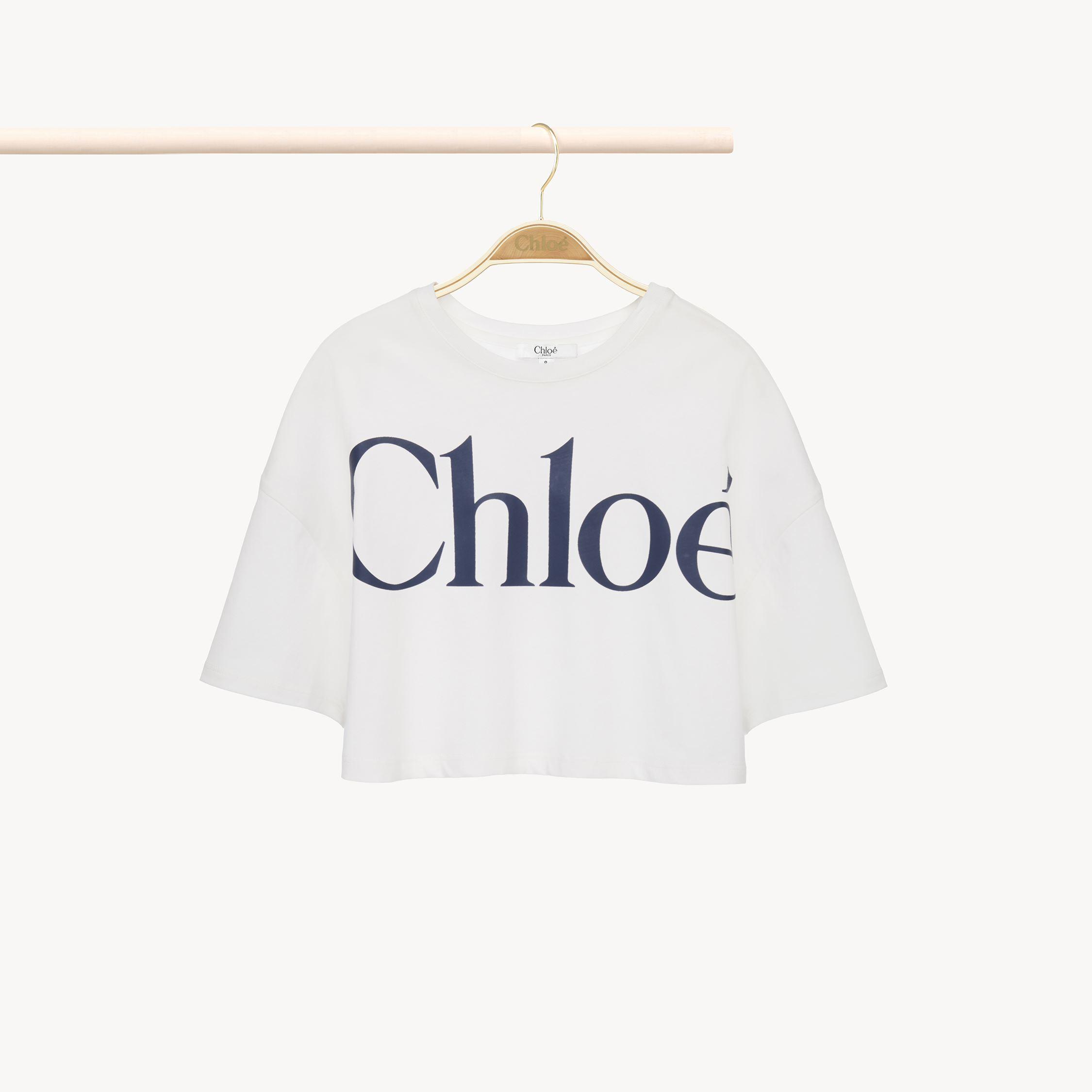 CHLOÉ White Cropped Crewneck T-shirt With Maxi Logo Print On The Front In Cotton Woman In Multicolor Product Image