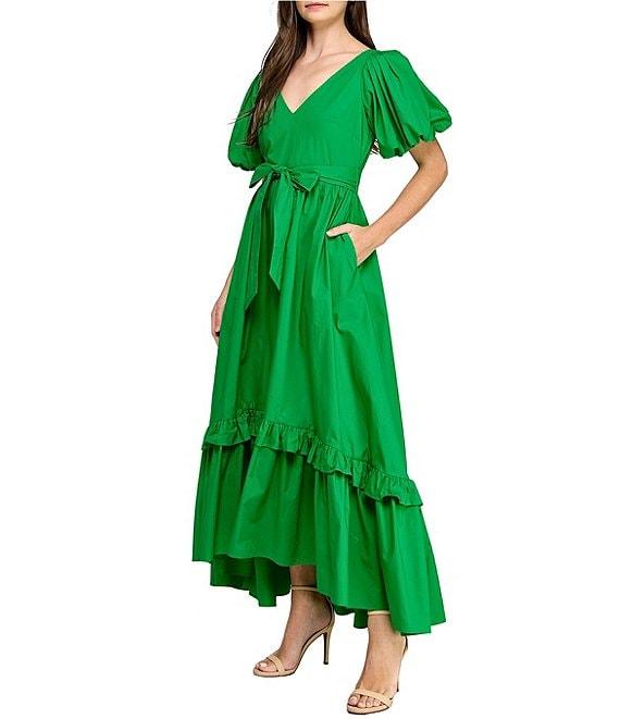 Layered With Love V-neck Short Puff Sleeves Self Belt Hi Low Ruffle Hem Maxi Dress Product Image