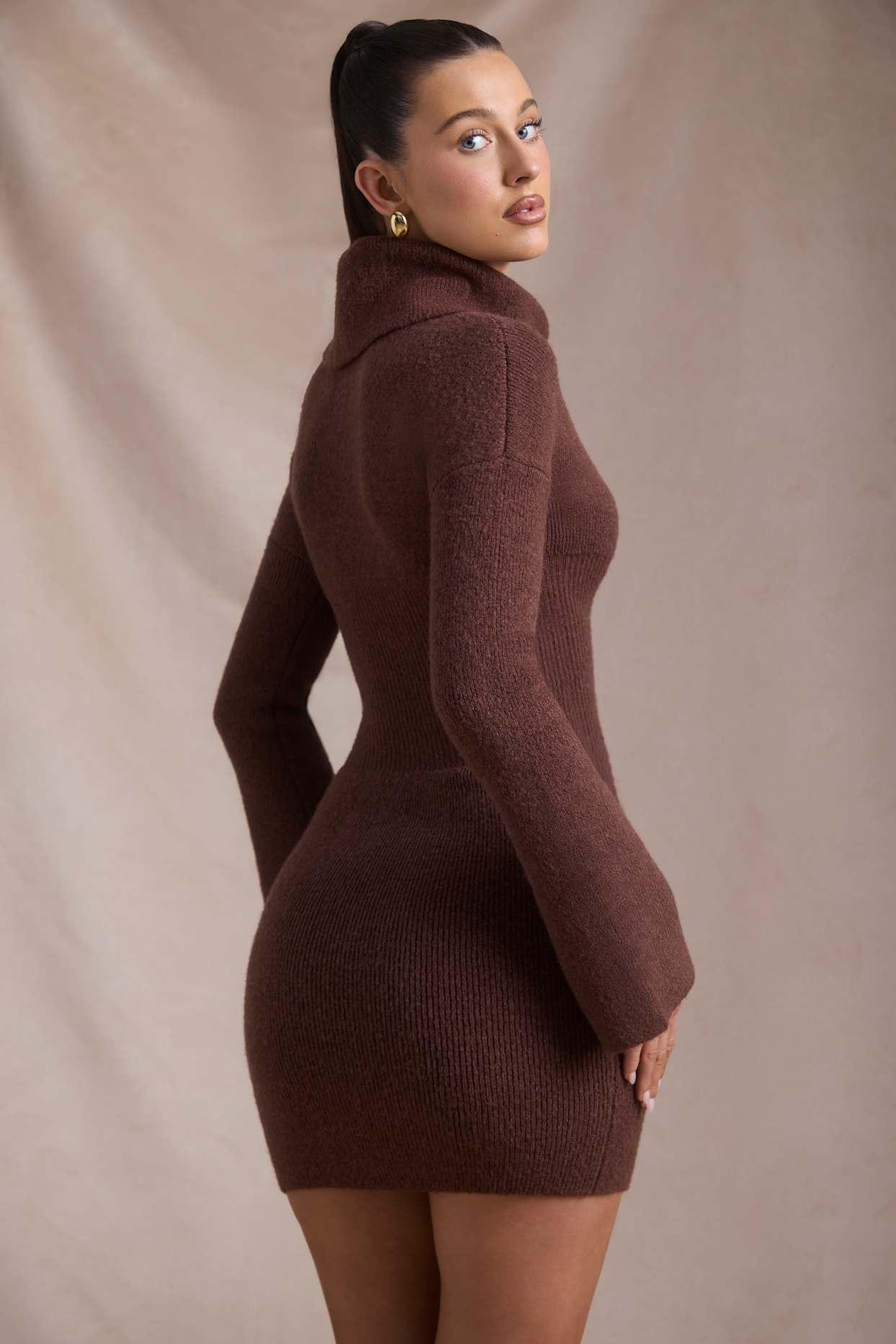 Ribbed-Knit Turtleneck Mini Jumper Dress in Espresso Product Image