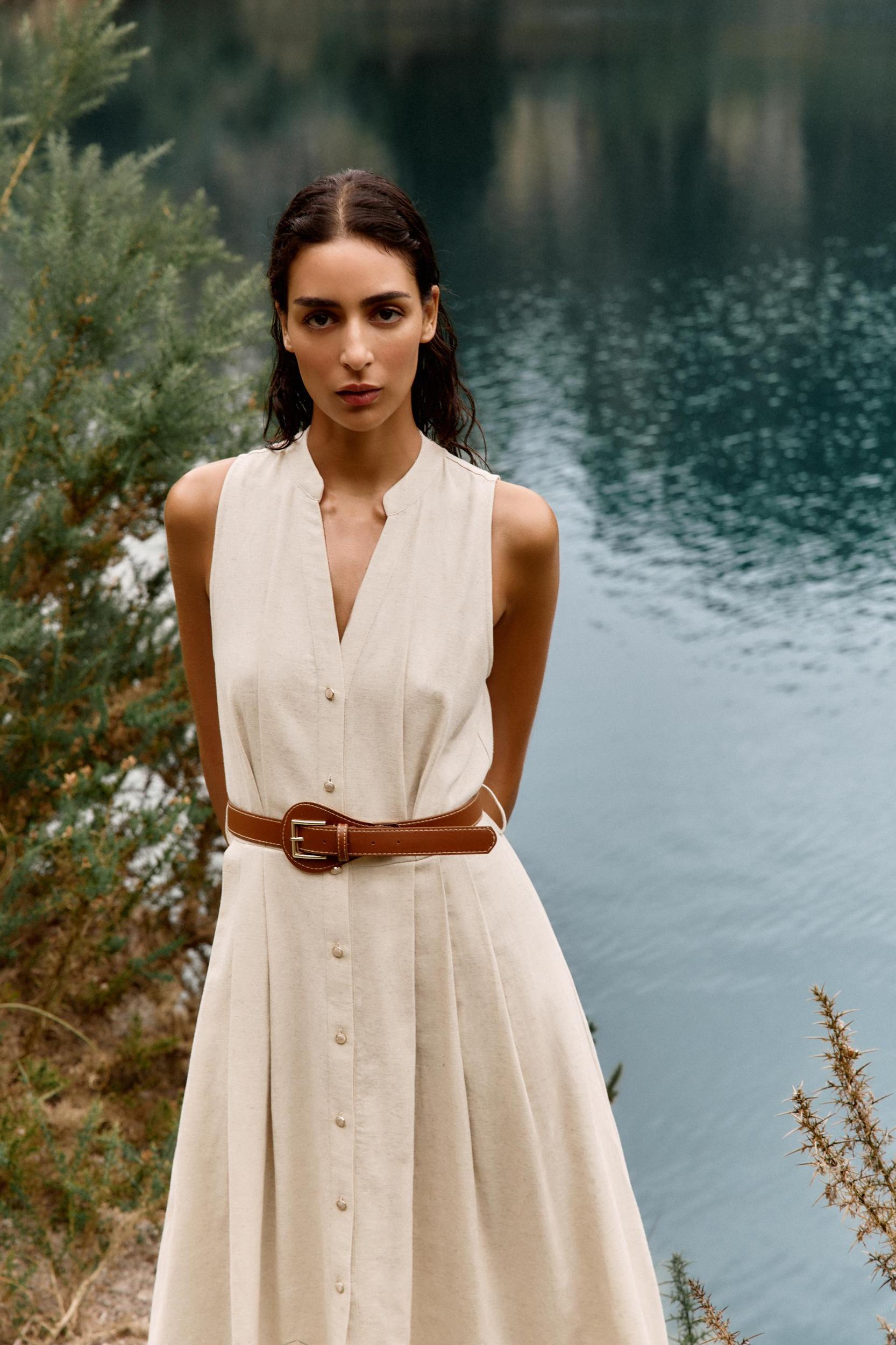 BELTED LINEN MIDI DRESS Product Image