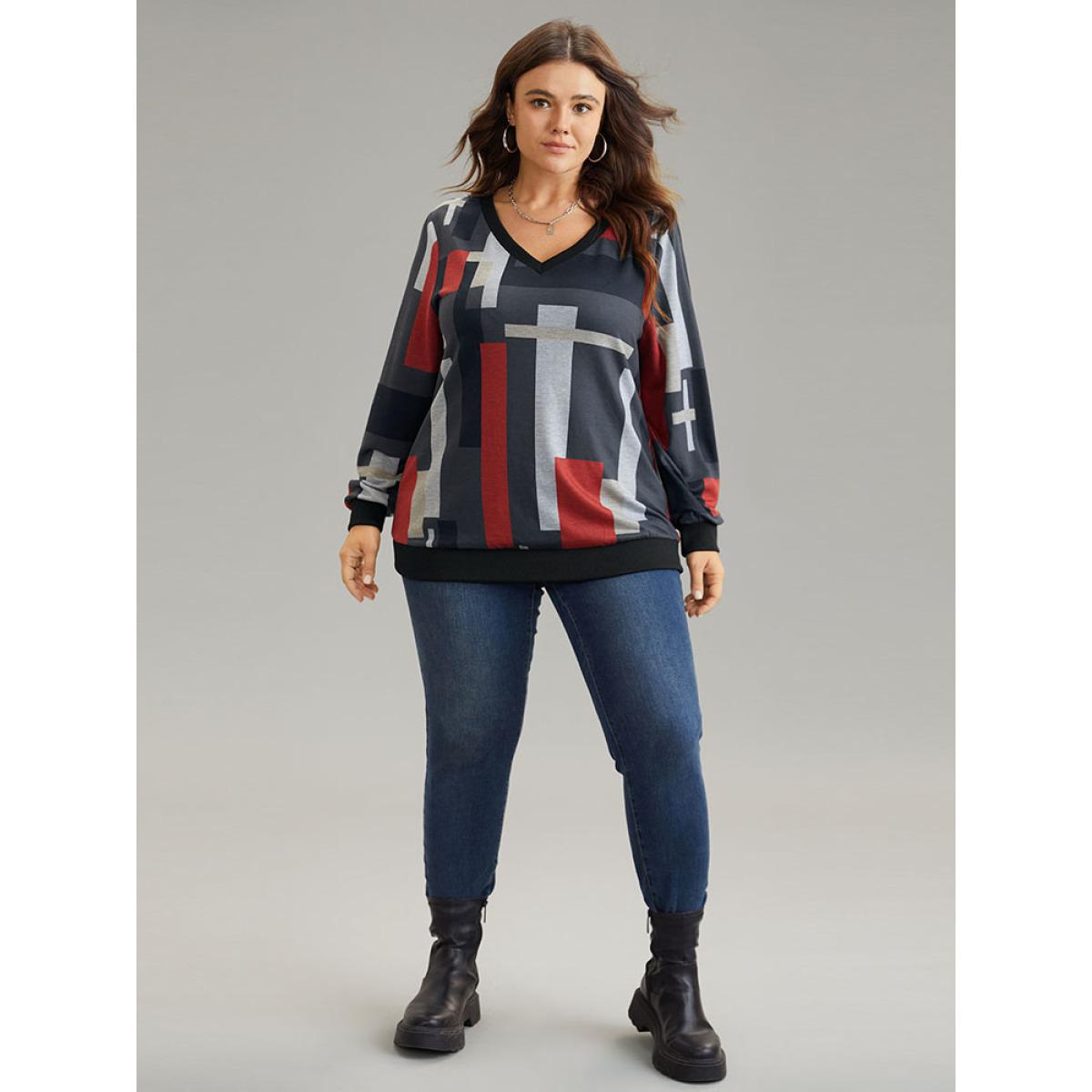 Plus Size Colorblock Contrast V Neck Rib Knit Sweatshirt Women DimGray Casual Rib Knit V-neck Dailywear Sweatshirts BloomChic 14-16/1X Product Image