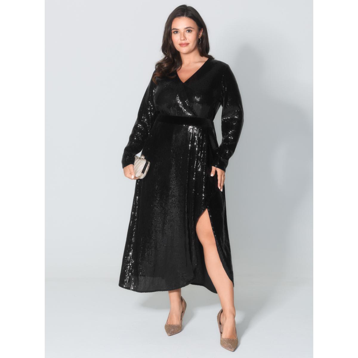 Plus Size Sparkly Sequin Waist-Defining Sheer Maxi Dress Black Women Party&Cocktail Overlap Collar Extra Long Sleeve Curvy BloomChic 26/4X Product Image