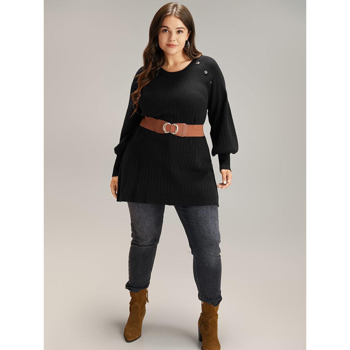 Plus Size Supersoft Essentials Anti-Pilling Button Detail Pullover Black Women Casual Loose Long Sleeve Round Neck Dailywear Pullovers BloomChic 30/6X Product Image