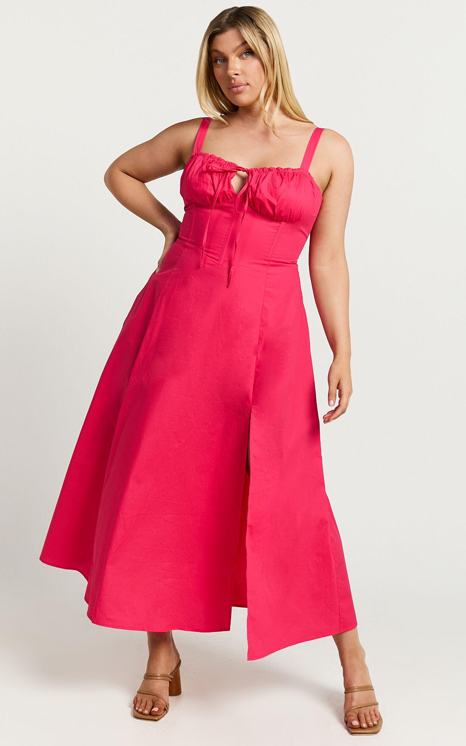 Maiya Midi Dress - Tie Front Fitted Bodice Dress in Hot Pink Product Image
