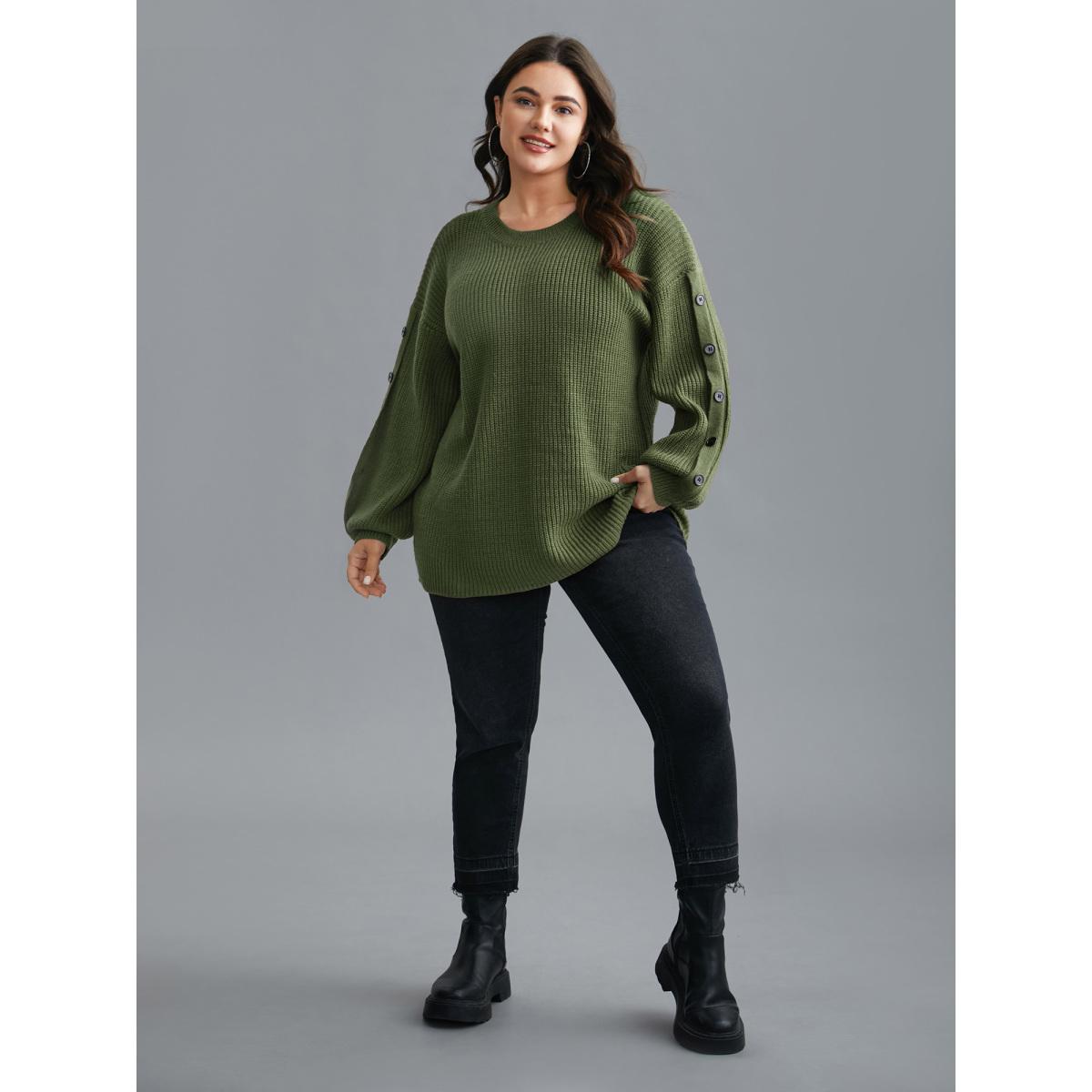 Plus Size Textured Drop Shoulder Button Detailing Pullover ArmyGreen Women Casual Loose Long Sleeve Round Neck Everyday Pullovers BloomChic 28/5X Product Image