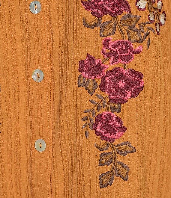 Calessa Petite Size Embroidered Floral Split V-Neck 3/4 Sleeve Button Front Tunic Product Image