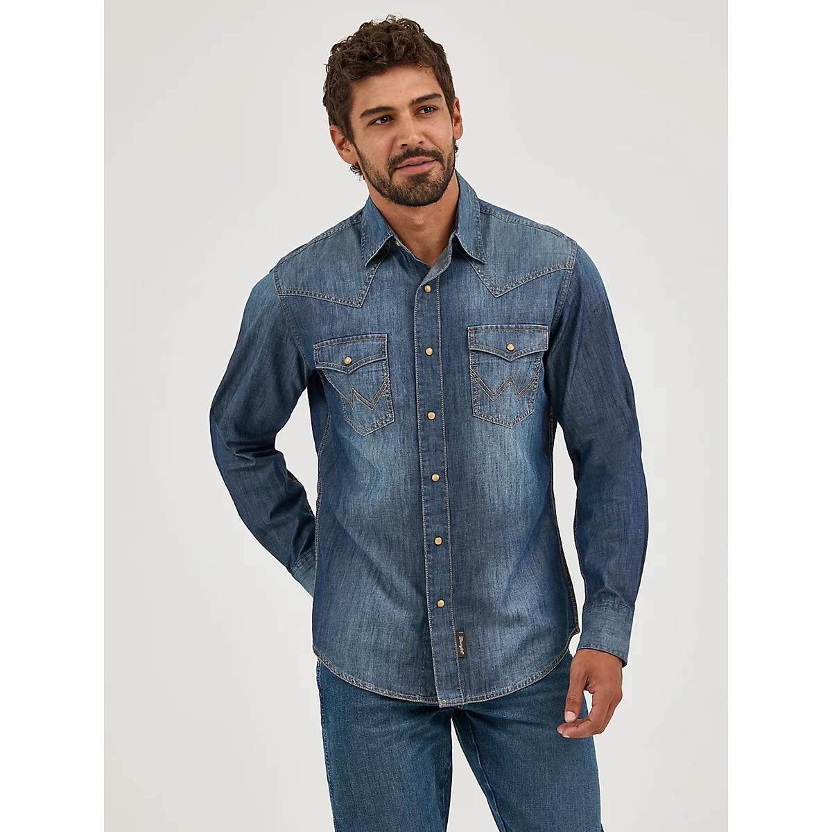Men's Wrangler Retro® Premium Long Sleeve Denim Western Snap Shirt in Blue Denim Product Image