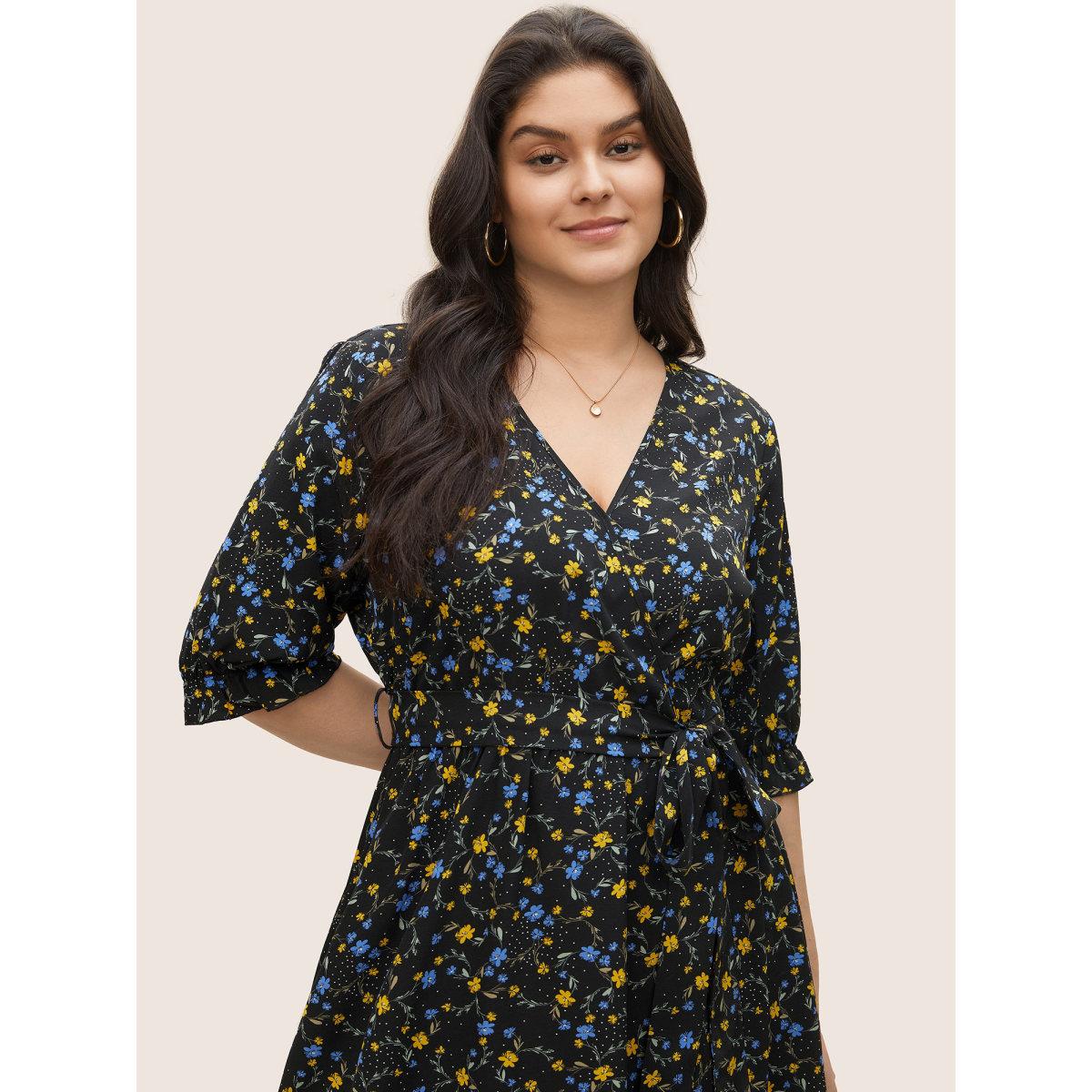 Plus Size Ditsy Floral Ruffle Half Sleeve Belted Dress Black Women Elegant Non Overlap Collar Half Sleeve Curvy Midi Dress BloomChic 12/L Product Image