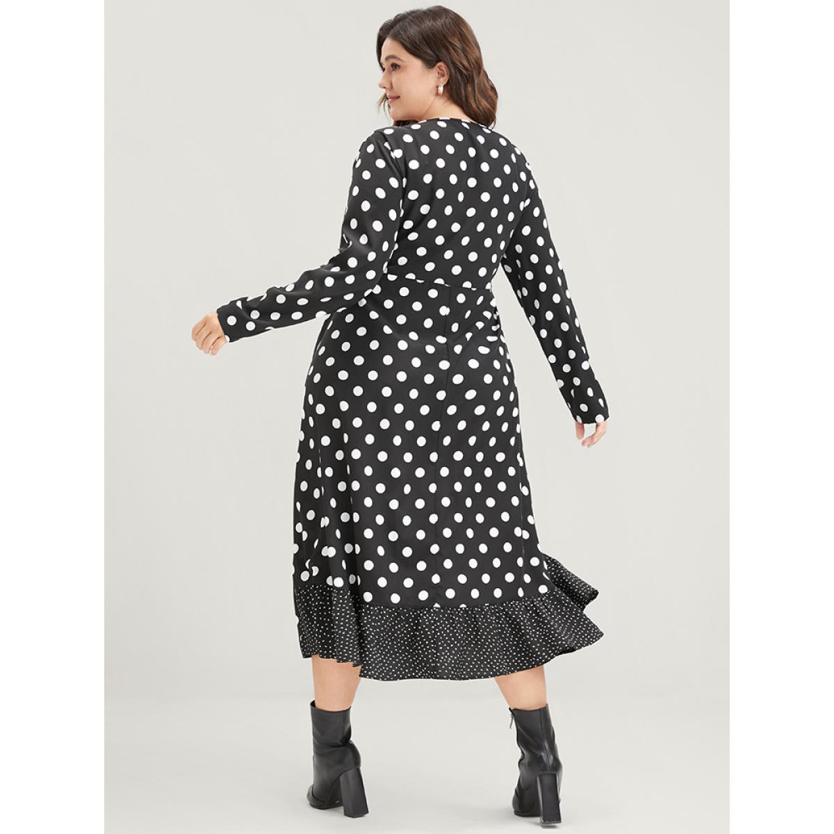 Plus Size Polka Dot Surplice Neck Tie Side Pocket Ruffle Hem Dress Black Women Elegant Wrap V-neck Long Sleeve Curvy Midi Dress BloomChic 12/L Product Image